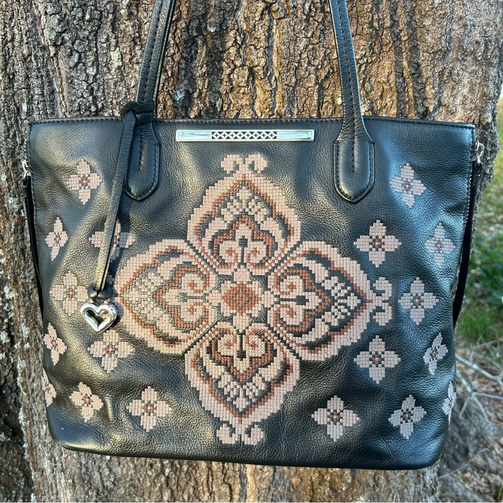 Brighton Anya Shopper Leather Tote Oslo Collection Embroidery Black-Putty Color